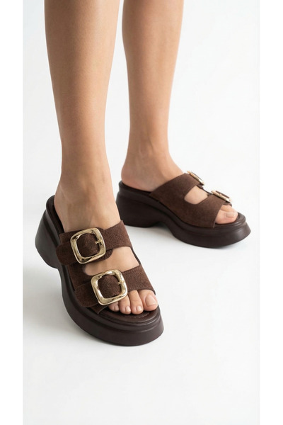 Limeo Çift detaliu la cataramă High talpă wedge lu piele întoarsă Confortabil...