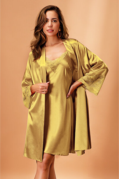 Slendos Women'S, Short, V-Neck, Lace Detailed, Satin, Kimono Nightgown Set