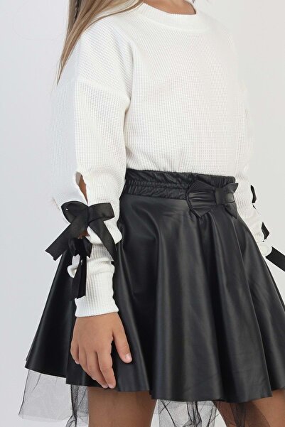 Lolliboomkids Fusta Pu piele cu aplicație cu fundă curea pentru fete - NEGRU ...