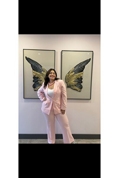 Store Büyük Beden Şekerpembe Pembe Keten Alt Üst Takım Elbise Astarlı Düğmeli...