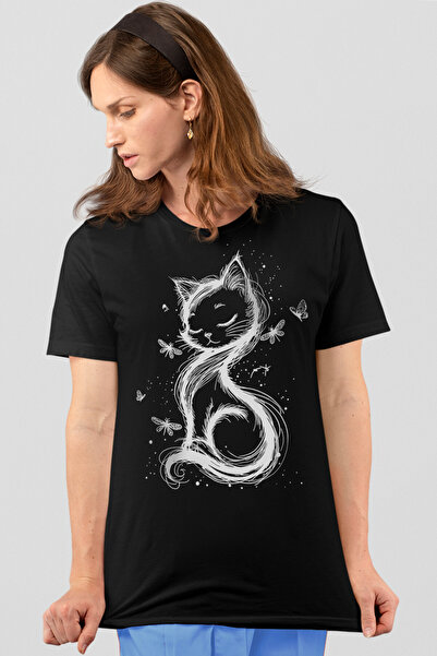 ROCKANDROLL pisică Tricou negru cu mânecă scurtă prințesă pentru femei