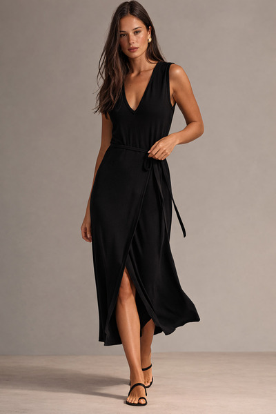 Sienza Women's Black Waist Tie-Detail Wrinkled Midi Dress