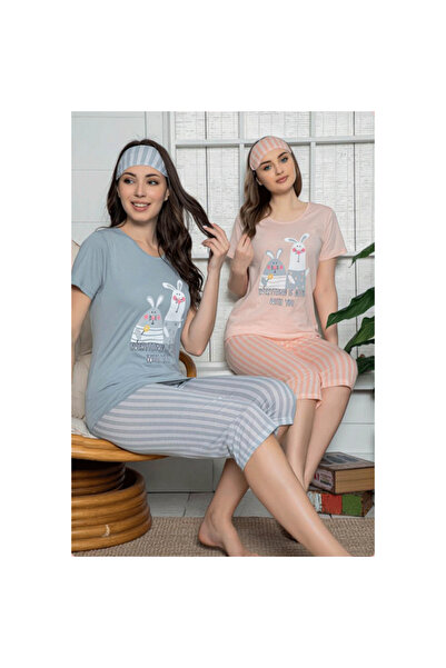 BOYRAZ Pijama Dama din Bumbac – Set Tricou cu Iepurași și Pantaloni 3/4, Masc...