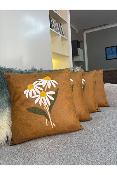 Home Kirlent Kilifi Mustard Color Flower Pattern 4 Pieces in 43*43 Sizes.