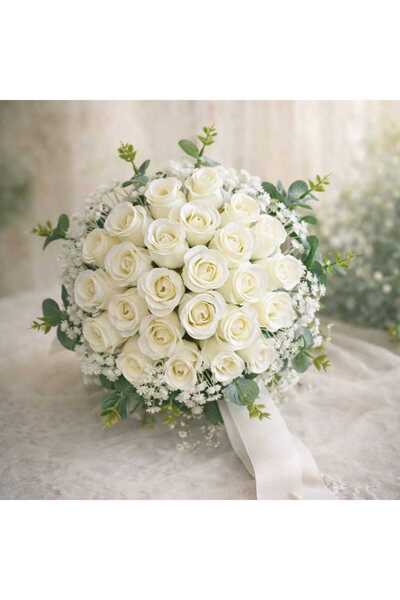 Acarflowers BEYAZ GÜL GELİN BUKETİ (25 GÜL)