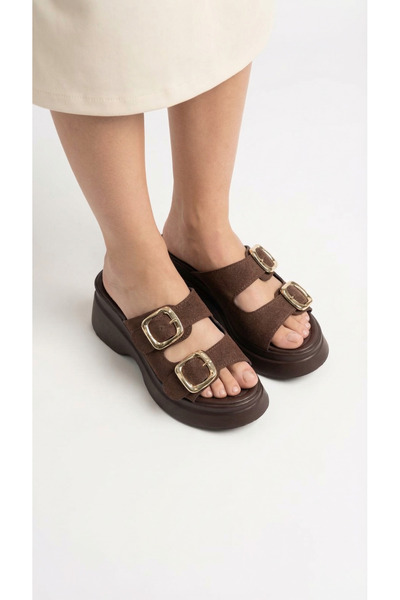 Limeo Double Buckle Detail High Wedge Heel Lu Suede Comfortable Women's Summer Slipper Sandals