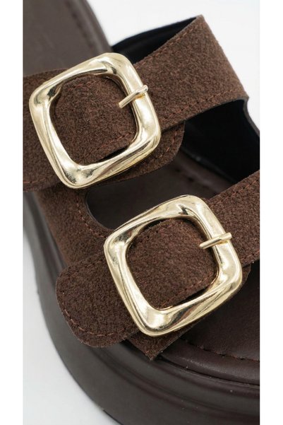 Limeo Double Buckle Detail High Wedge Heel Lu Suede Comfortable Women's Summer Slipper Sandals