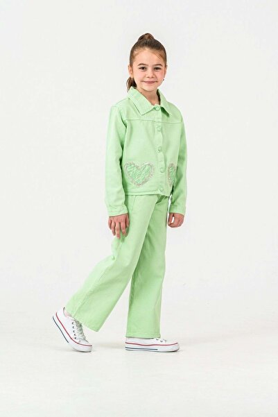 Lolliboomkids Girl's Heart Sequined Design Denim Set - Green - 4-5 Years