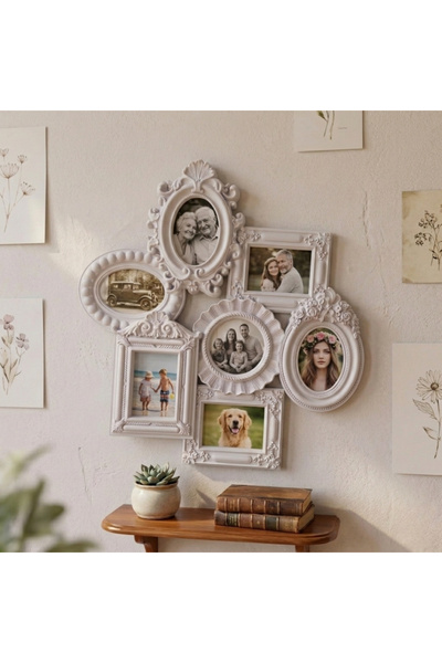 dyris Krem 7’li Dekoratif Fotoğraf Çerçevesi 33x35 cm Vintage Çoklu Resim Çer...