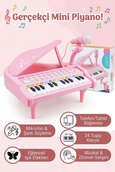 craftivio Mikrofonlu 24 Tuşlu Pembe Çocuk Piyanosu - Telefon Bağlantılı Eğiti...