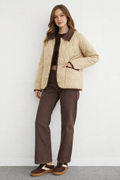 CYM Butik Kadife Detaylı Polo Yaka Kapitone Mont