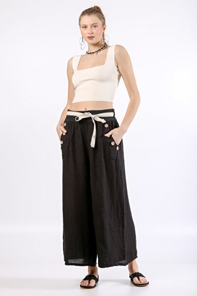 della moor Women's Black Italian Pocket Buttoned Rope Ke Belt Bo Wide-Leg E L...