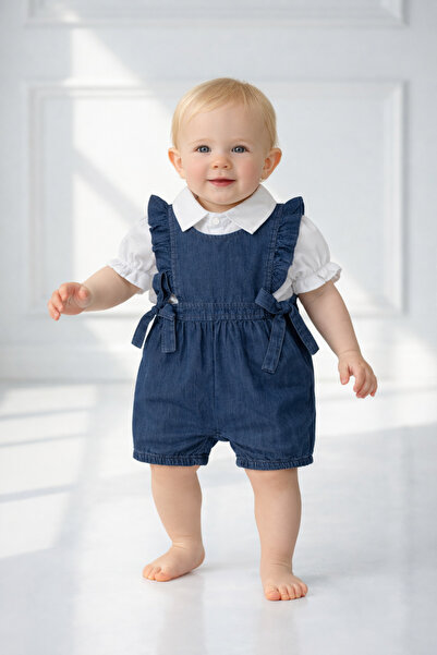 İZYALİF BABY Baby Girl 2 Piece Denim Jean Overalls Shirt Short Sleeve Short L...