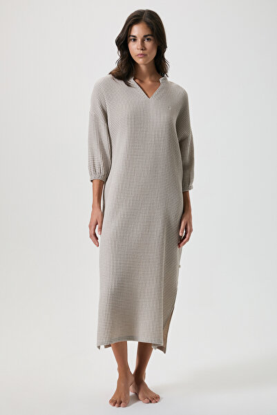 Penyemood 100% Cotton Waffle Hakim Collar Long Dress