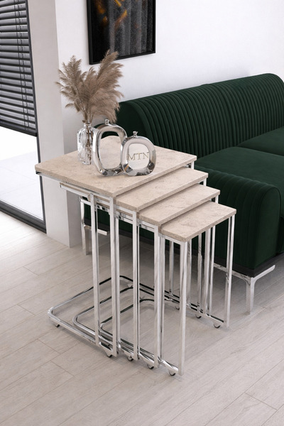 ysn aksesuar STAR 4'LÜ KARE ZİGON TEKERLEKLİ NIKEL KAPLAMA TRAVERTEN MDF MEBRAN