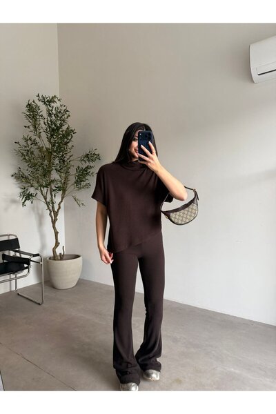 Bade Butik Coffee Asymmetric Cut Flared F Corded Fabric Set