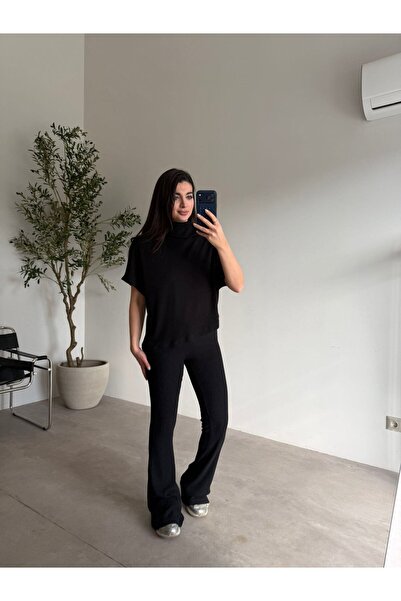 Bade Butik Black Asymmetrical Cut Flared F Corded Fabric Set