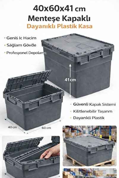 Aslan Ticaret 40*60*41 CM GRİ MENTEŞE KAPAKLI PLASTİK KASA