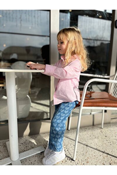 Motebarn Wear Girl Child Pink Shirt Heart Patterned Jeans Bottom Top Set