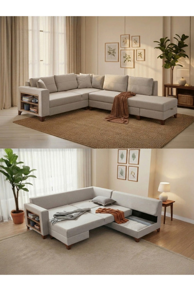 DİAVSE EV & YAŞAM Livya Plus Köşe Koltuk Takımı Krem Sağ Köşe