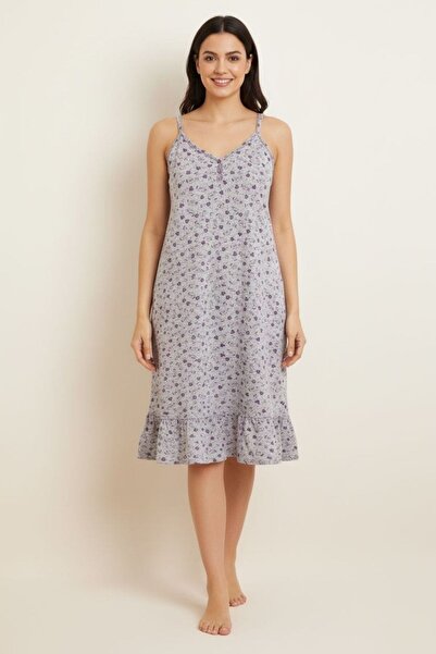 Flamingo Άνετο καλοκαιρινό φόρεμα με γκρι φλοράλ σχέδιο, λουράκια από κορδόνι...