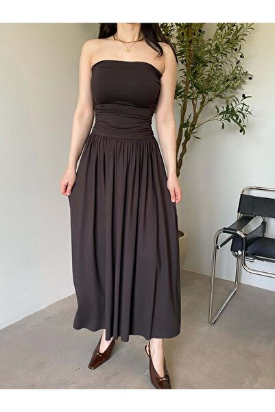 Bade Butik Φόρεμα στράπλες με καφέ ντραπέ