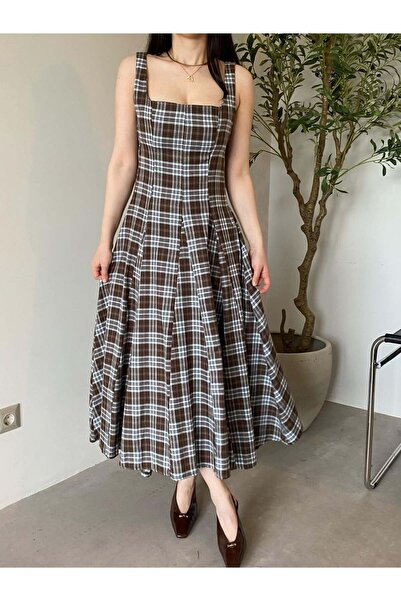 Bade Butik Καφέ Μπλε Φόρεμα με Τιράντες Καρό