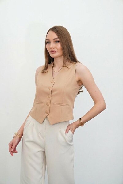 Niora Moda Bej Düğmeli Astarlı Deri Görünümlü Yelek