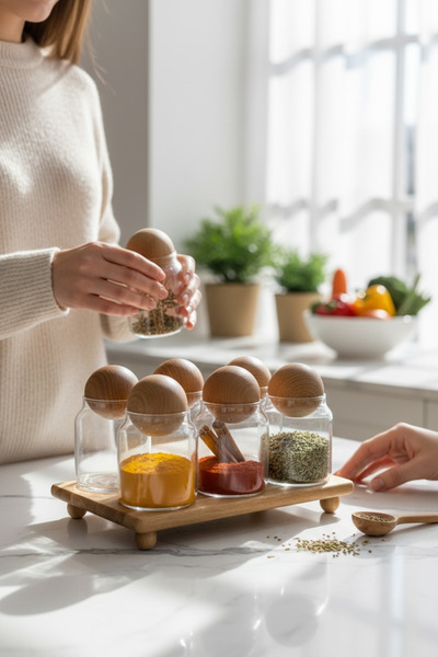 DükkanDa Set of 6 Glass Jars with Acacia Stands – 300 ml with Ball Lids