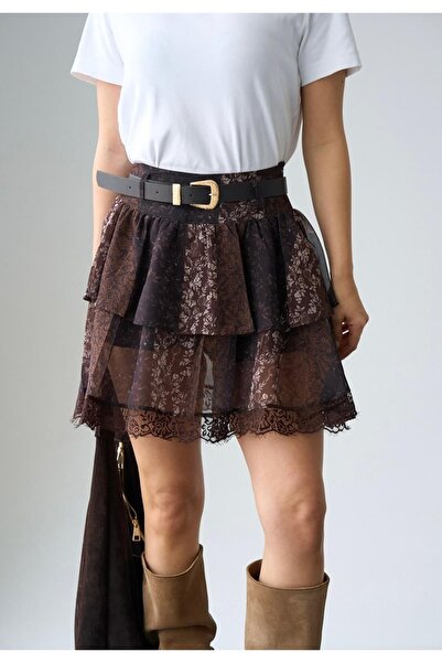 Serpirella Butik Belt Li Lace Detail Patterned Skirt