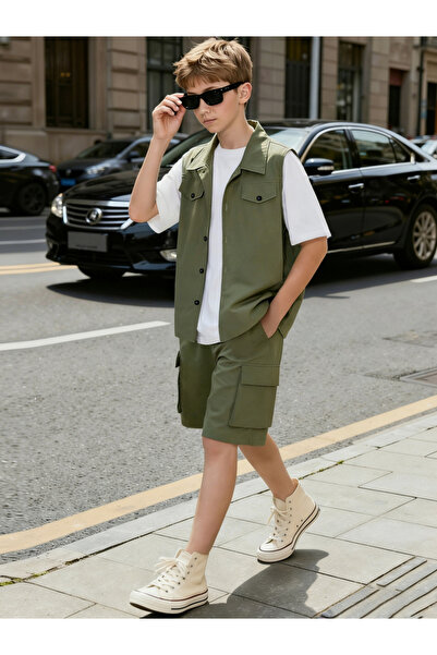 Take Two By Styli 3-Piece Solid T-Shirt, Sleeveless Jacket and Cargo Shorts Set