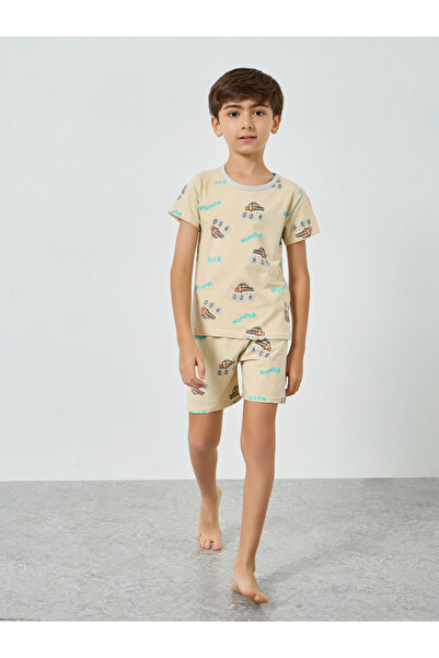 Styli Boys Beige Monster Truck Print T-Shirt and Shorts Pyjama Set
