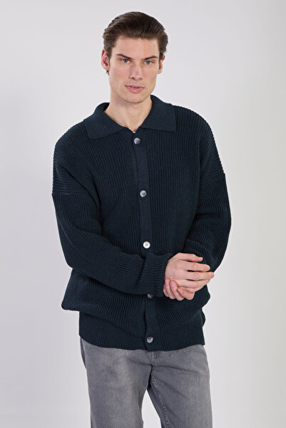 BARRELS AND OIL Men's Polo Collar Buttoned Knitwear Cardigan - Navy Blue