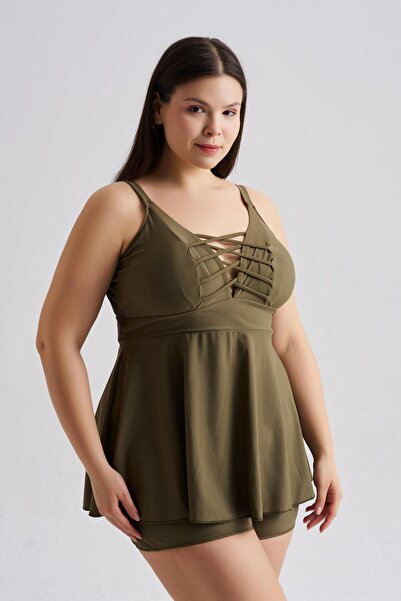 AQUAVİVA Set tankini pentru femei, kaki, mărime mare, Venezia, cu șnur încruc...