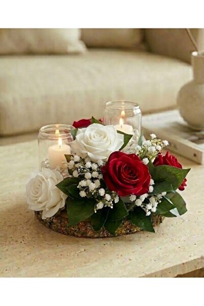 PAKETA Doğal Kütük Altlıklı Çiçekli Şamdan