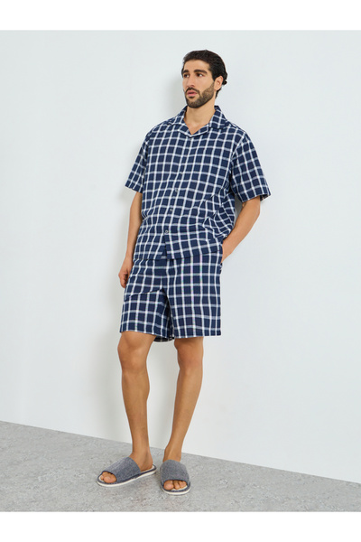 Styli Men Navy Checkered Cotton Shirt and Shorts Set