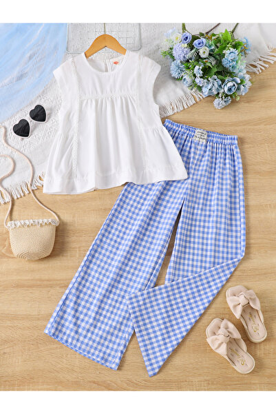 Take Two By Styli Girls White Sleeveless Top and Gingham Pants Set