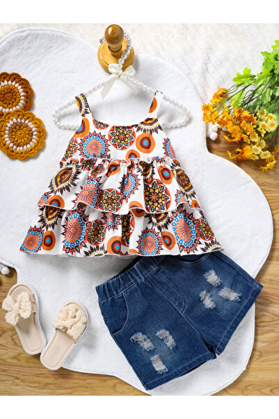 Take Two By Styli Girls Boho Print Top and Denim Shorts Set