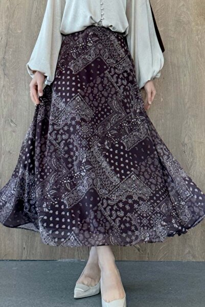 Şulemoda Giyim Chiffon Patterned Skirt Brown