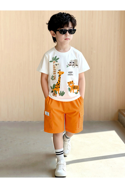 Take Two By Styli Boys White Graphic T-Shirt and Orange Shorts Set