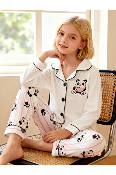 Take Two By Styli Girls Panda Print Long Sleeve Shirt and Pyjama Set