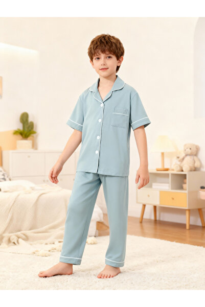 Take Two By Styli Boys Light Blue Short Sleeve Shirt and Pyjama Set