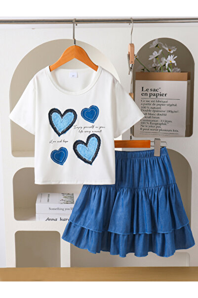 Take Two By Styli Girls Heart Graphic Print T-Shirt and Ruffle Skirt Set