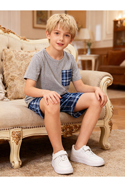 Take Two By Styli Boys Checked Pocket Shirt and Shorts Pyjama Set