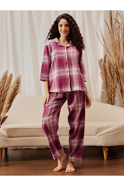 Clovia By Styli Purple Plaid Checkered Cotton Shirt and Pyjama Set