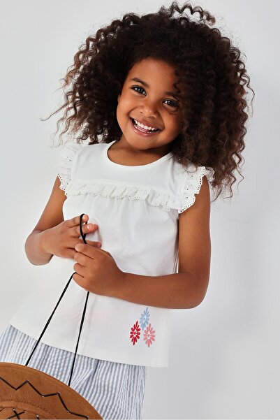 Boboli Flower Embroidered Tshirt 2-6 Years White