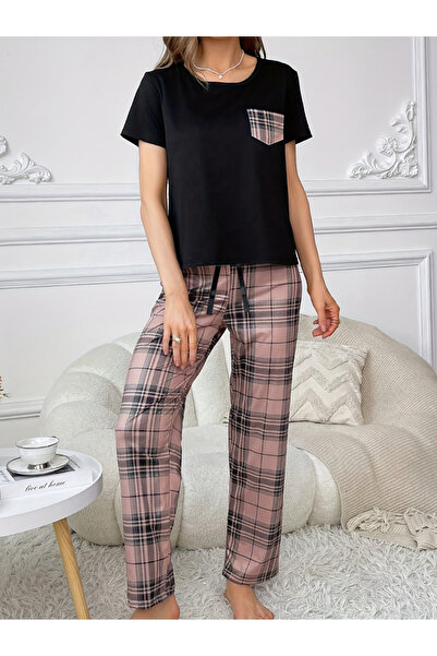 Take Two By Styli Black Plaid Pocket Print T-Shirt and Shorts Set