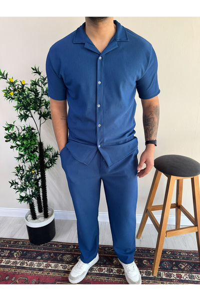 blucombin طقم قميص وبنطلون صيفي بأكمام قصيرة من أوتومان قماش مجدّل مكون من قط...