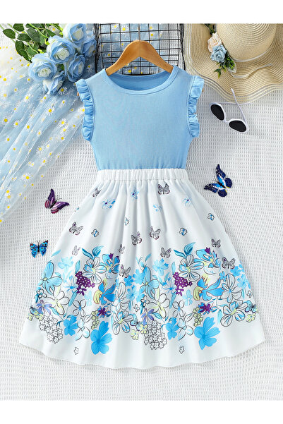 Take Two By Styli Girls Blue Ruffled Detail Top and Printed Skirt Set