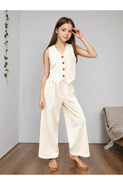 Take Two By Styli Girls Beige Buttoned Waistcoat and Trousers Set